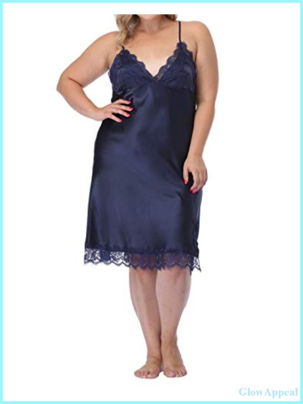 Plus Size Satin Silk Lace Trim V-Neck Nightgown Sleeveless Adjustable Straps